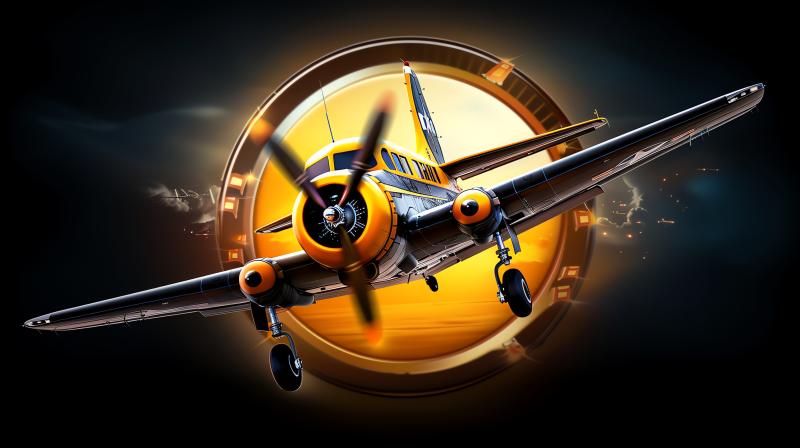 yellow-black-vintage-airplane-flies-through-circular-portal-with-sunrise-it
